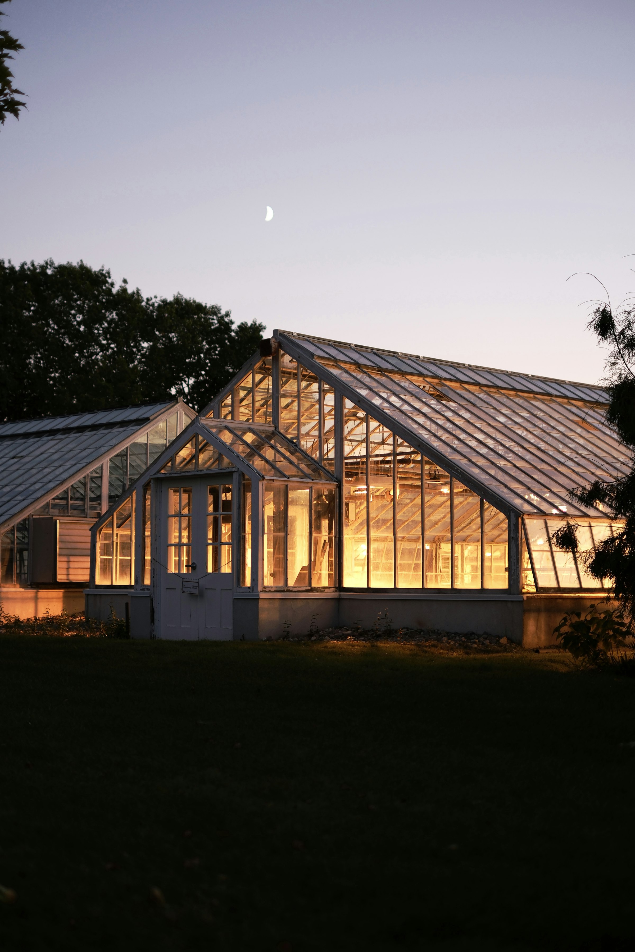 The glasshouse lit from inside at dusk, a thin moon above it