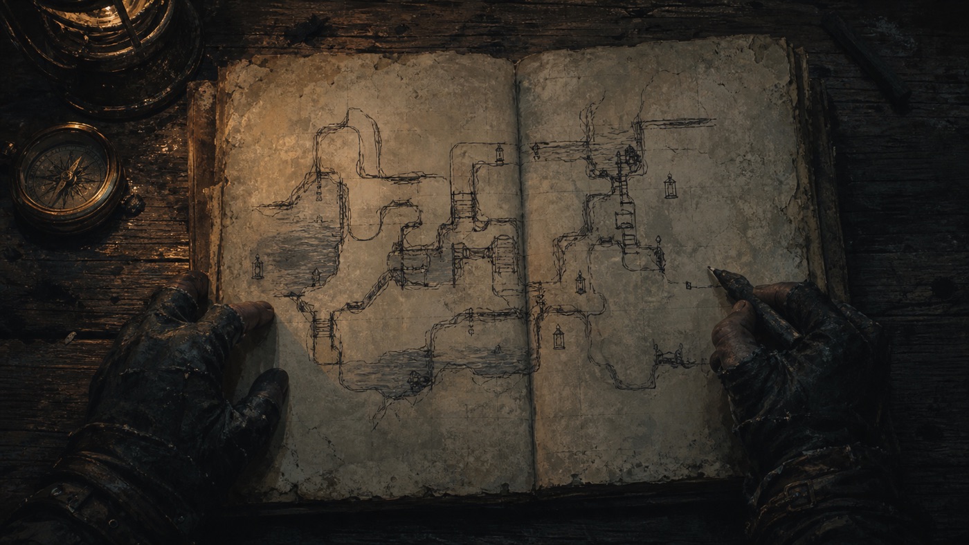 The hand-drawn map screen covered in the player's own ink marks and hand-lettered place names