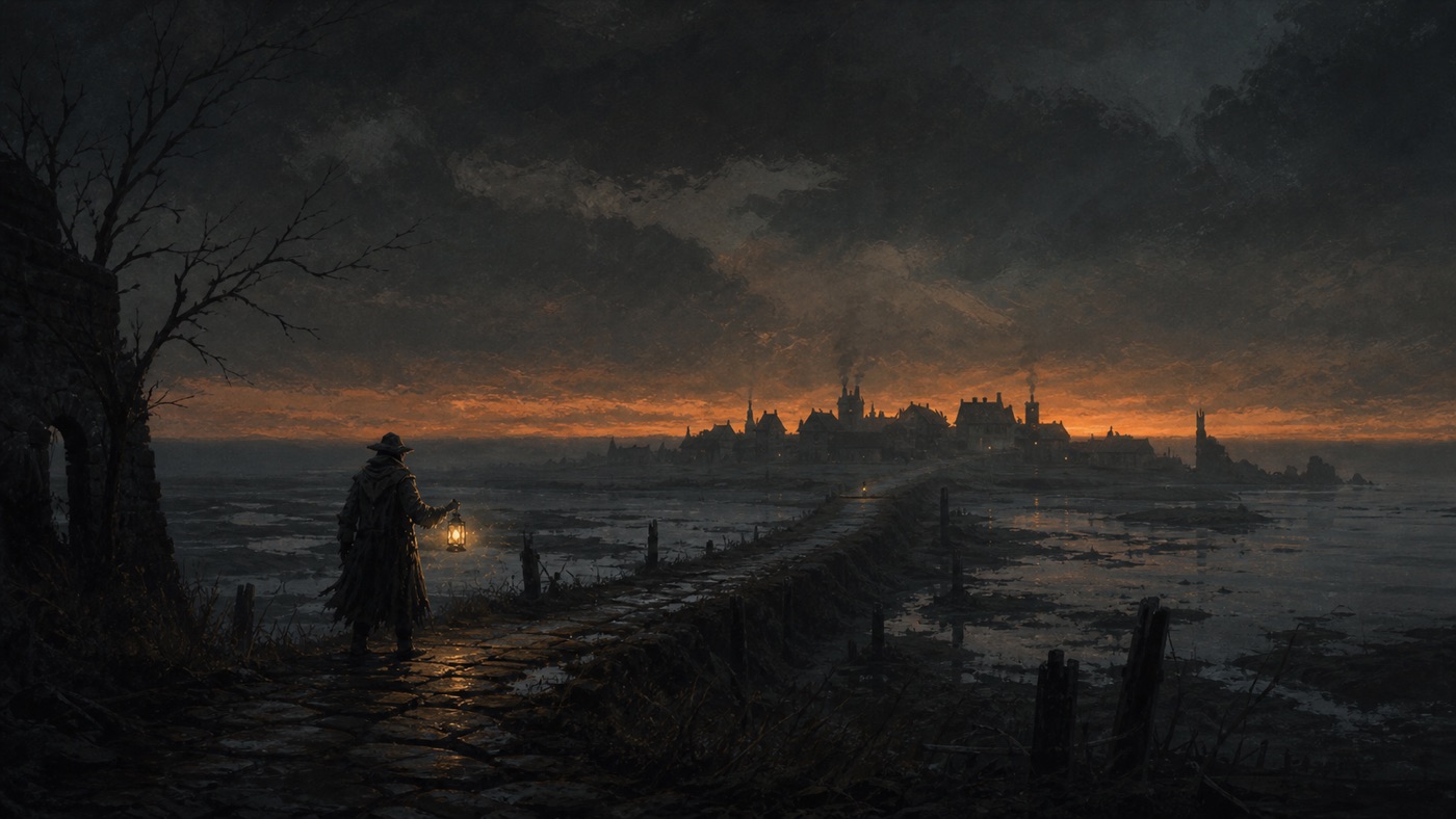 A painted horizon of chimneys under a low orange sky