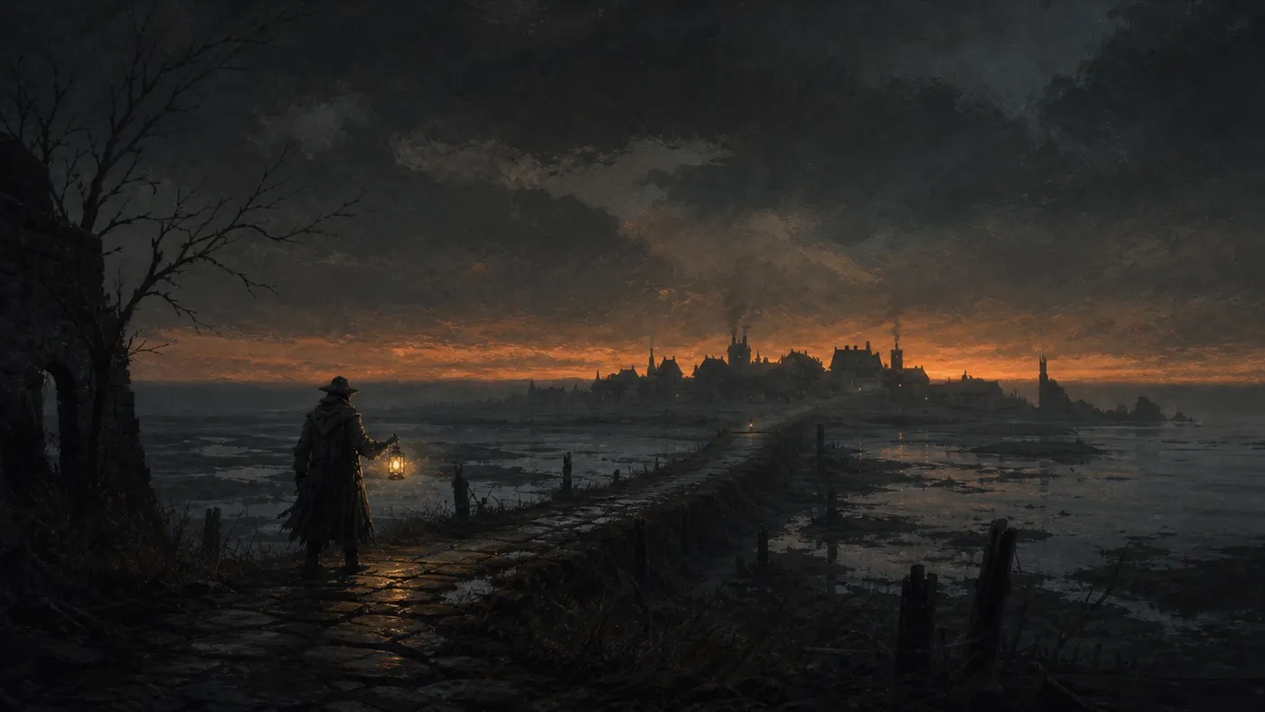 A painted horizon of chimneys under a low orange sky