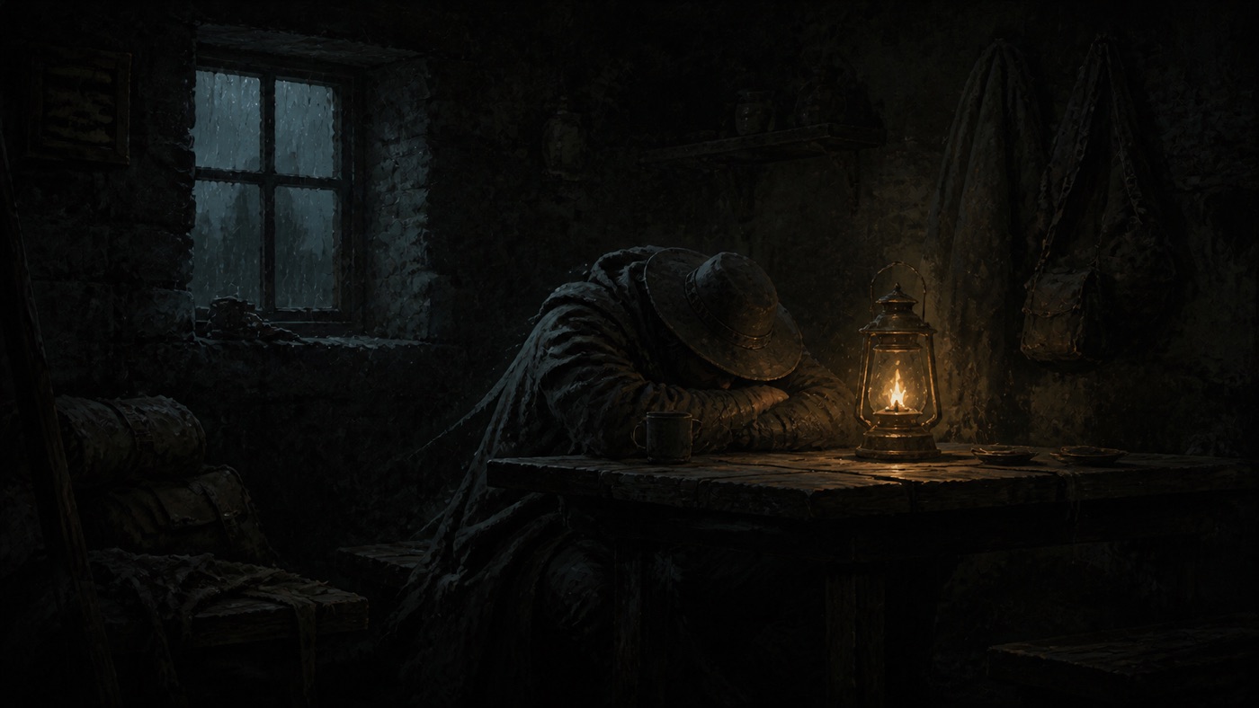 The lamplighter asleep at a table beside a guttering flame