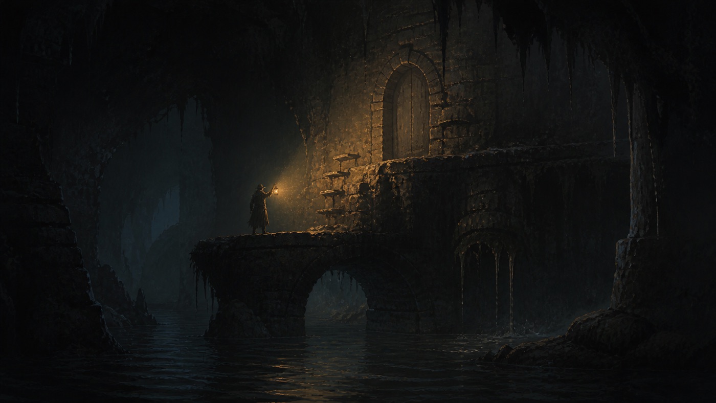 The lantern casts a cone of warm light across a dark cistern, revealing a ledge that was invisible a moment before