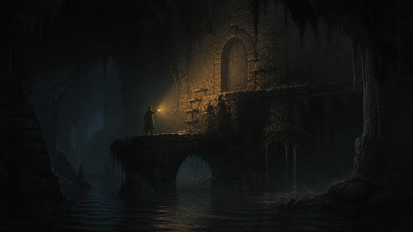 The lantern casts a cone of warm light across a dark cistern, revealing a ledge that was invisible a moment before