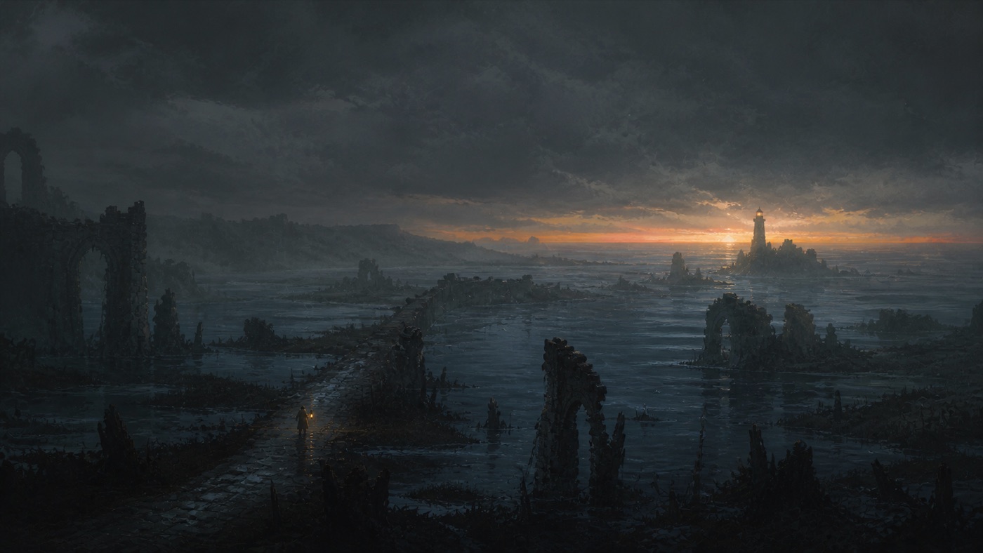 Wide establishing shot of the drowned coast at first light