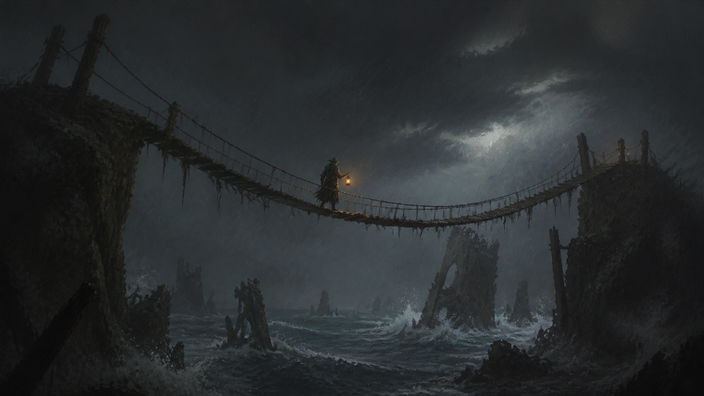 A rope bridge strung between two cliffs in heavy rain