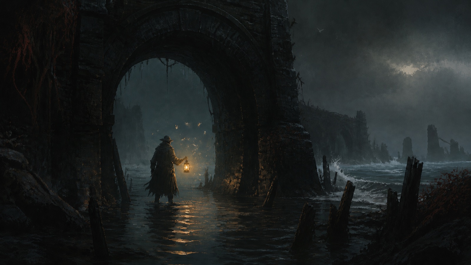 Key art: a lamplighter in a long coat holds a lantern at the mouth of a flooded stone tunnel, moths circling the flame