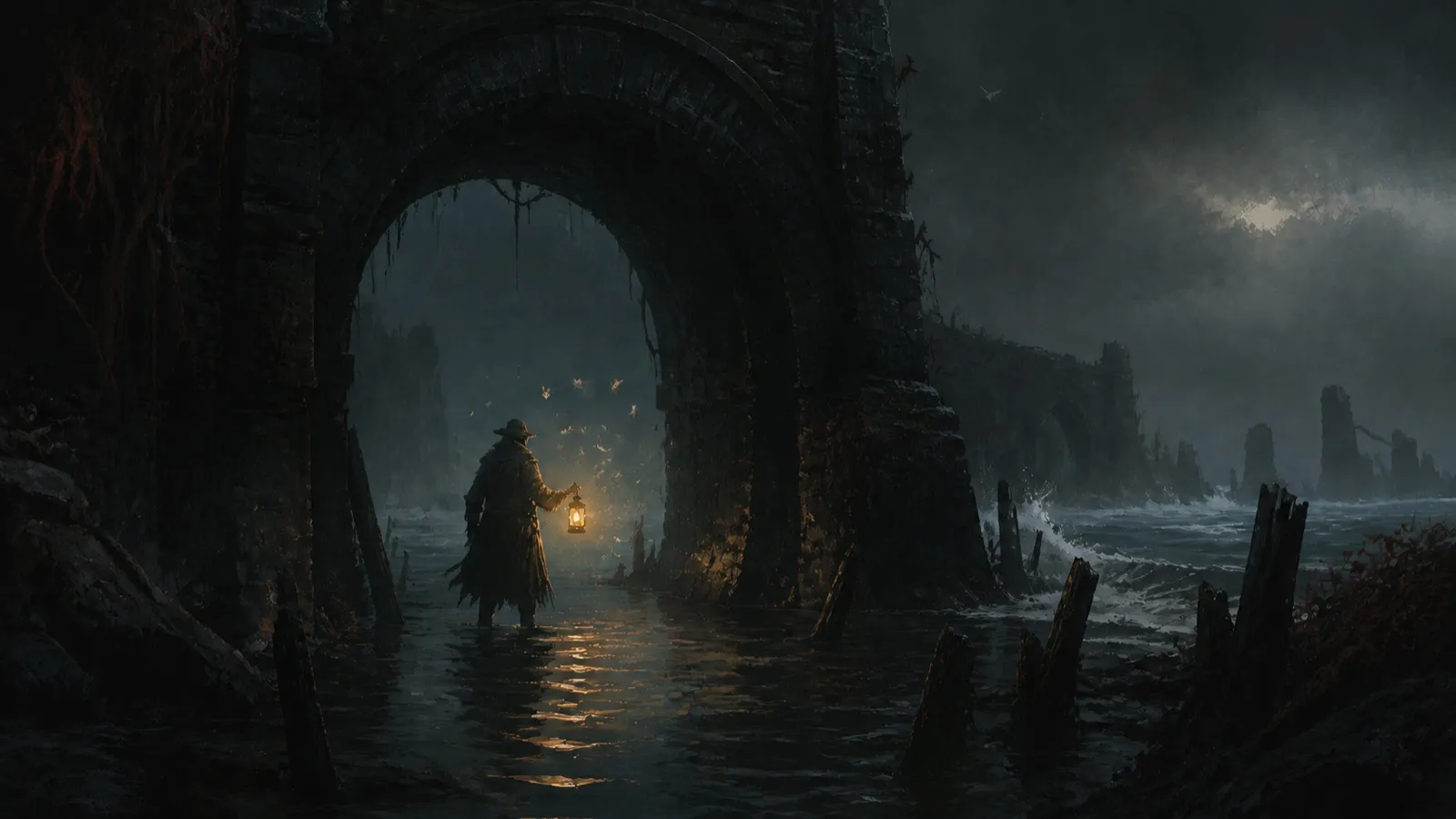 Key art: a lamplighter in a long coat holds a lantern at the mouth of a flooded stone tunnel, moths circling the flame