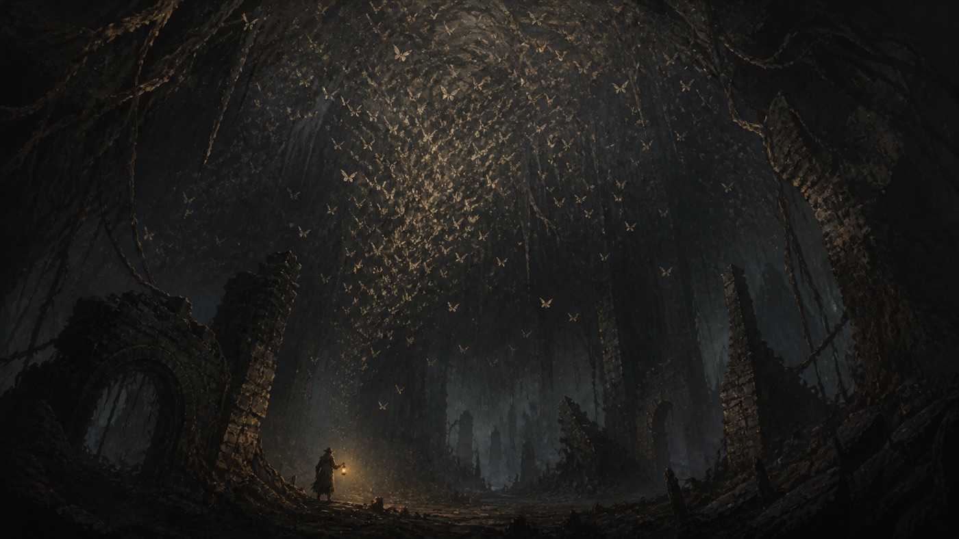 A vast moth canopy overhead, wings catching lantern light in the dark