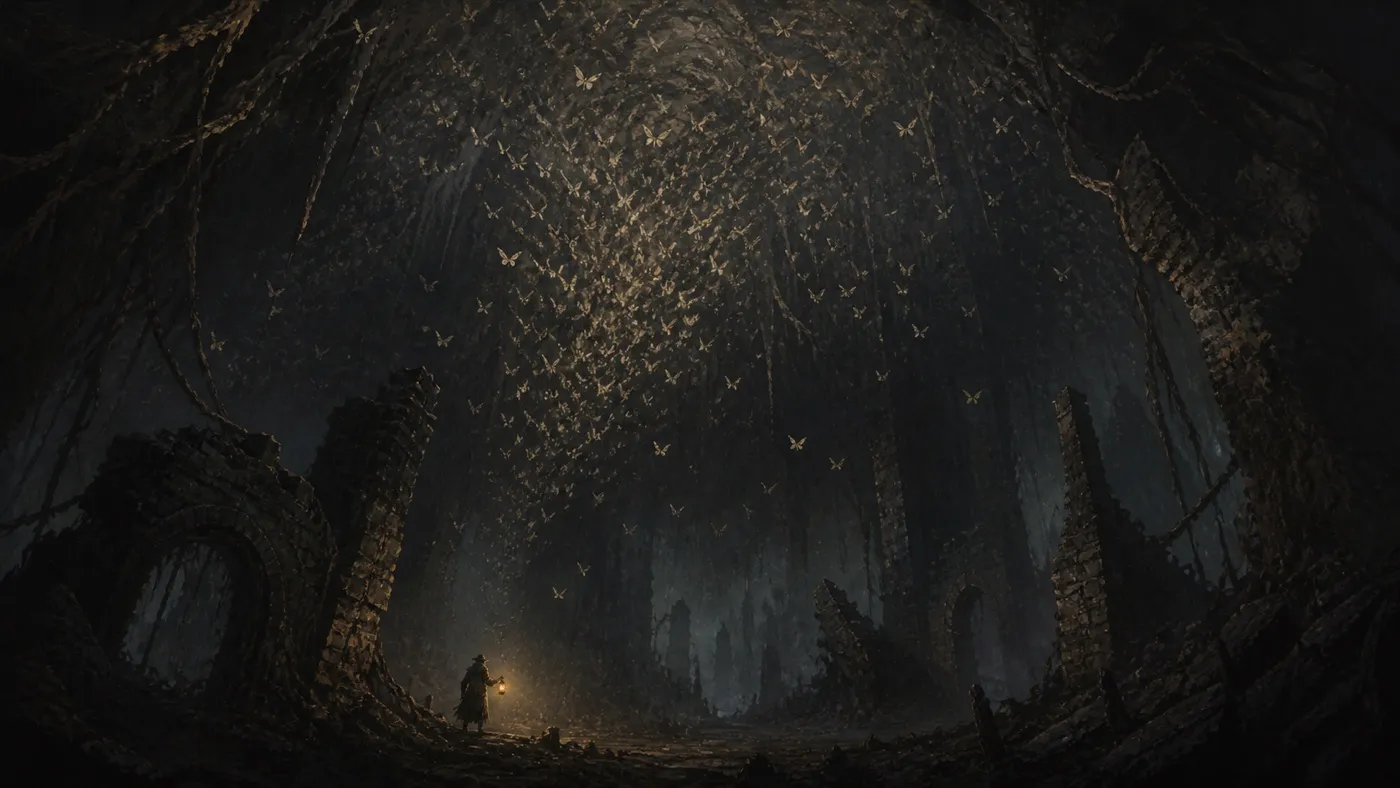 A vast moth canopy overhead, wings catching lantern light in the dark