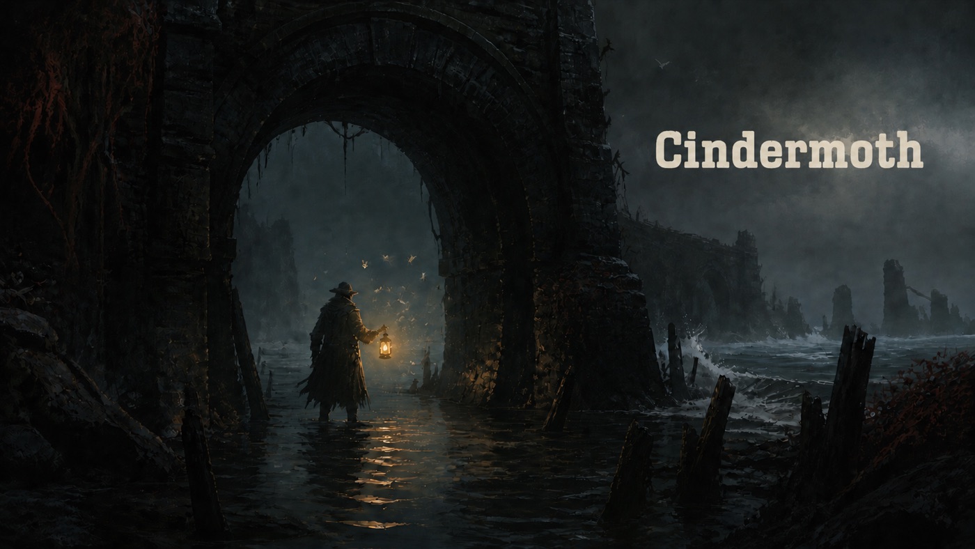 Key art with the Cindermoth logo overlaid: the lamplighter at the mouth of a flooded tunnel