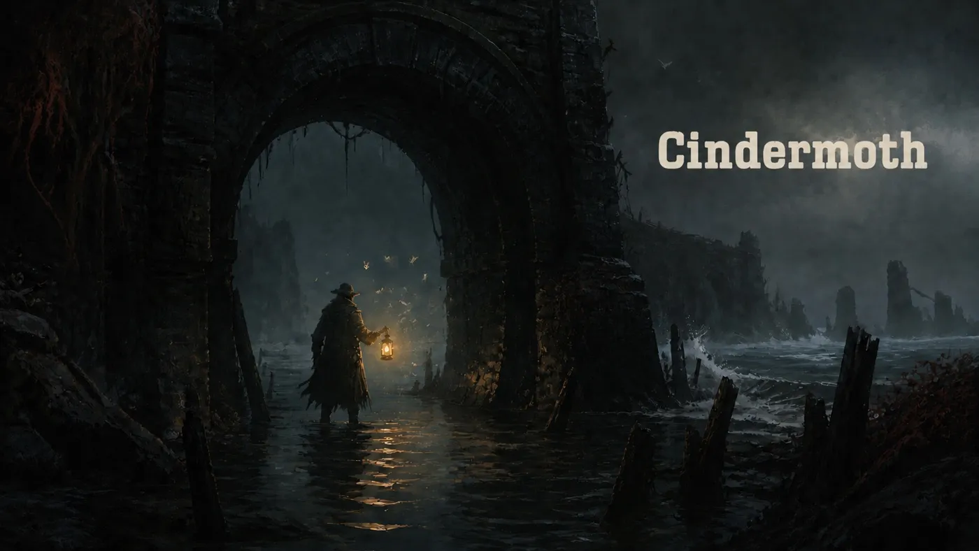 Key art with the Cindermoth logo overlaid: the lamplighter at the mouth of a flooded tunnel
