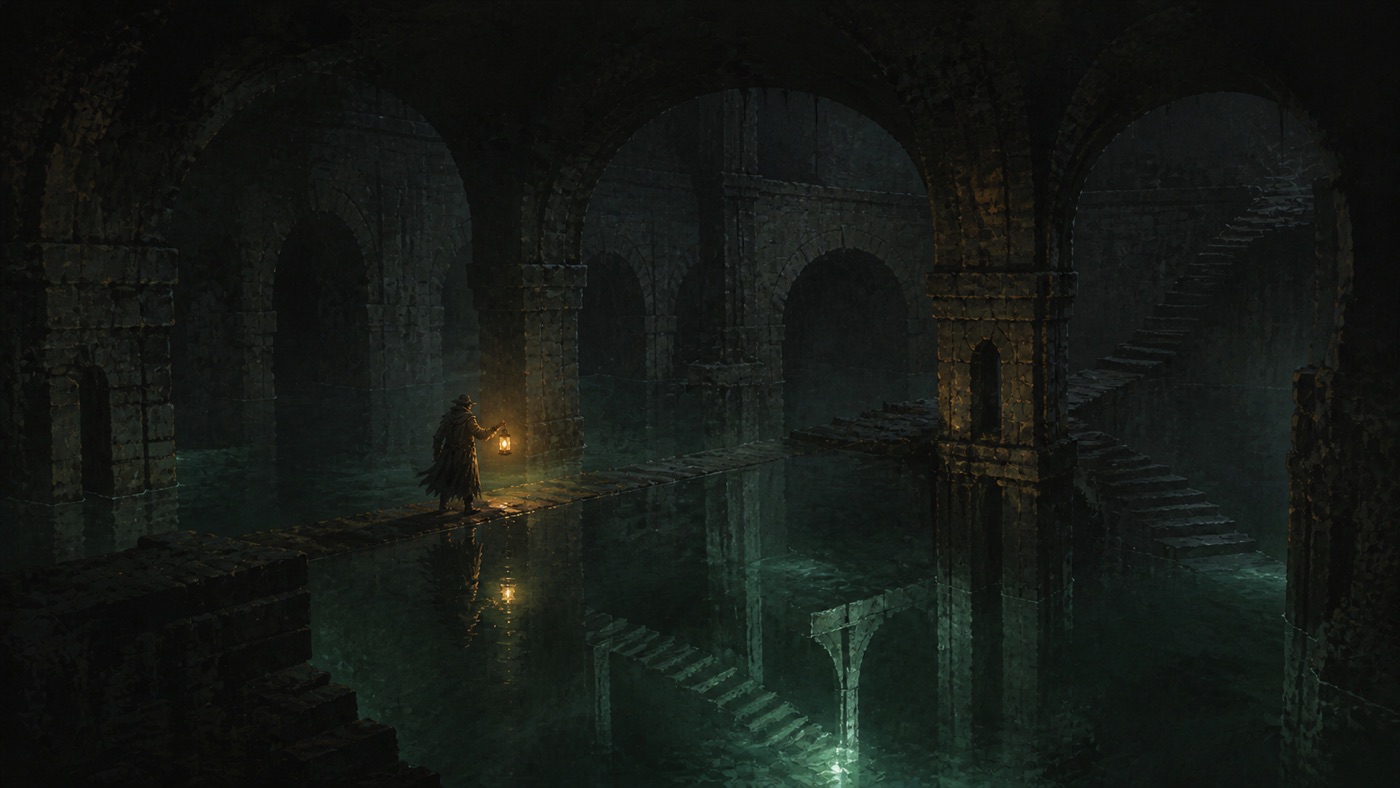 The flooded cistern, lantern light on green water