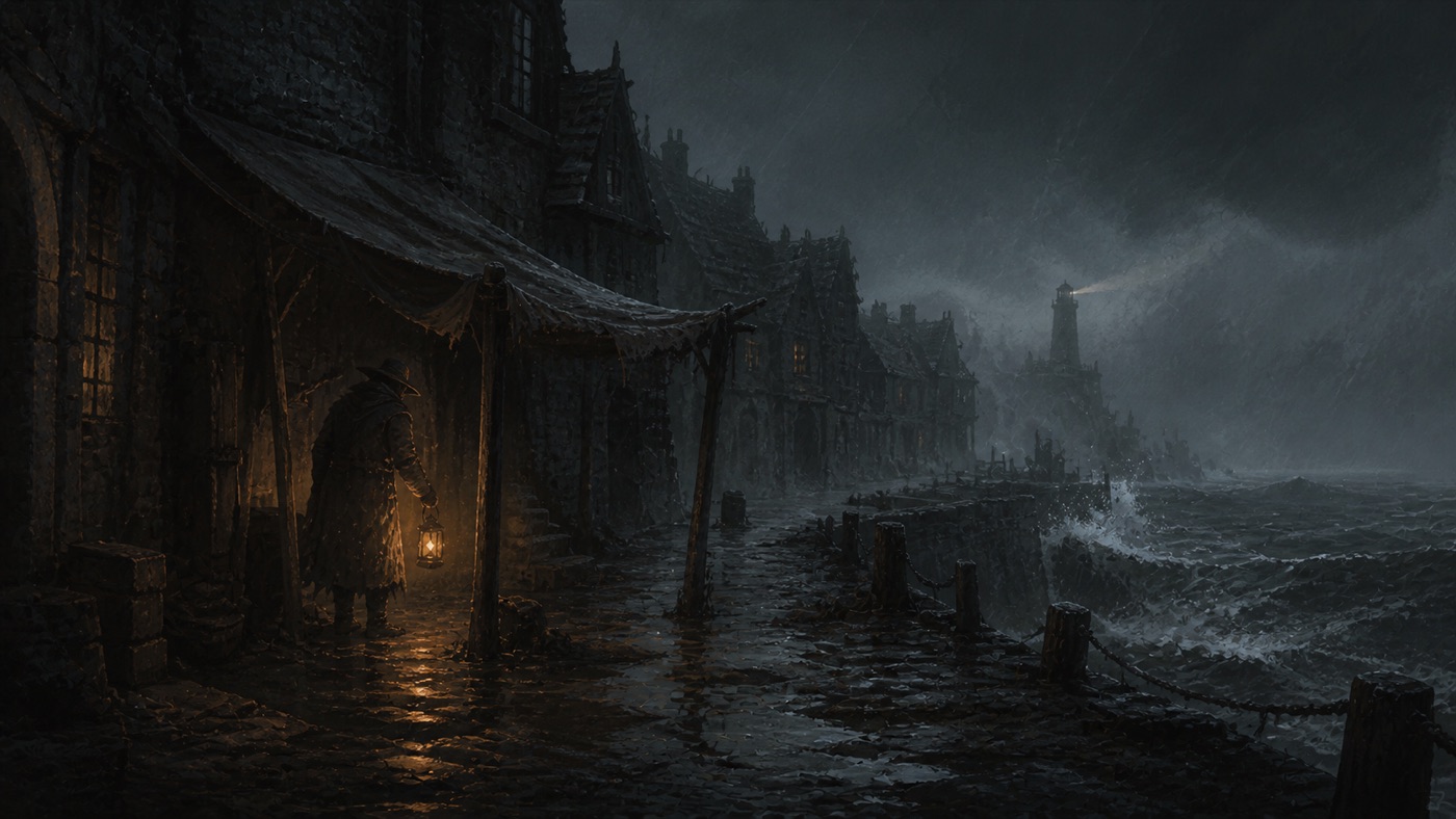 The lamplighter shelters under an awning as rain moves across a painted harbour town at dusk