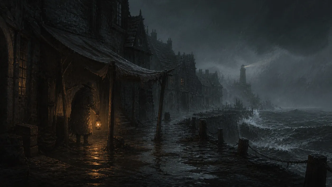 The lamplighter shelters under an awning as rain moves across a painted harbour town at dusk