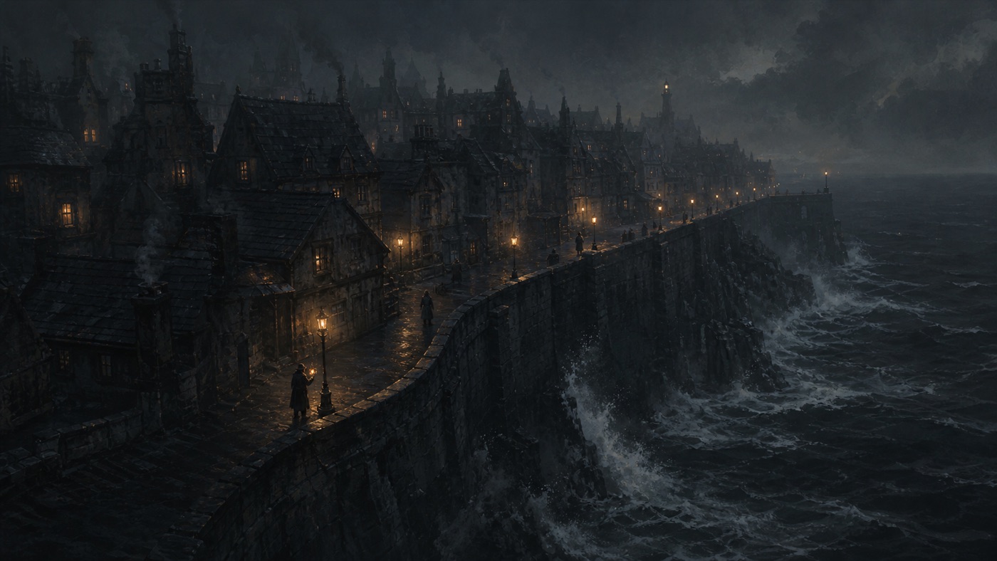 A painted harbour town at dusk, lamps being lit one by one along the sea wall