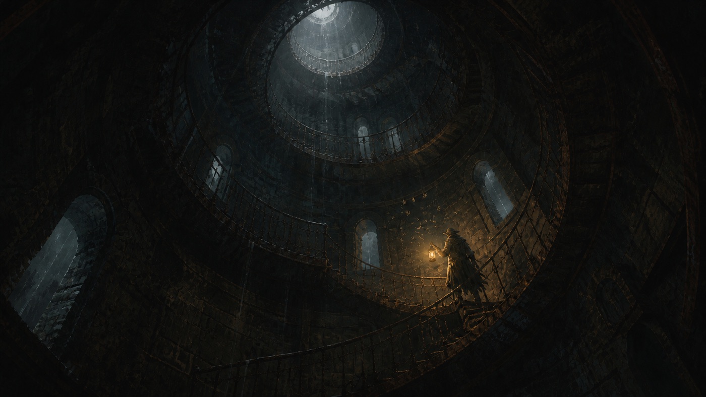 An abandoned lighthouse interior, spiral stair lit only by the lantern