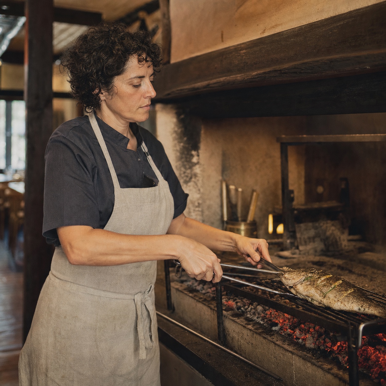Chiara turning a whole fish over the coals