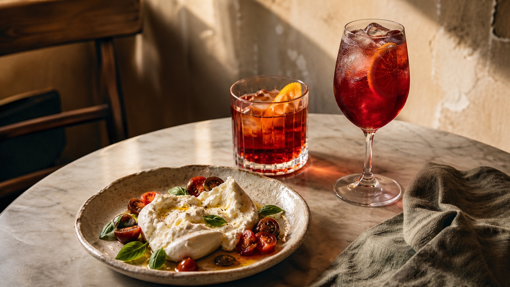 Marble table set with a burrata plate, a negroni and a pomegranate spritz in afternoon light