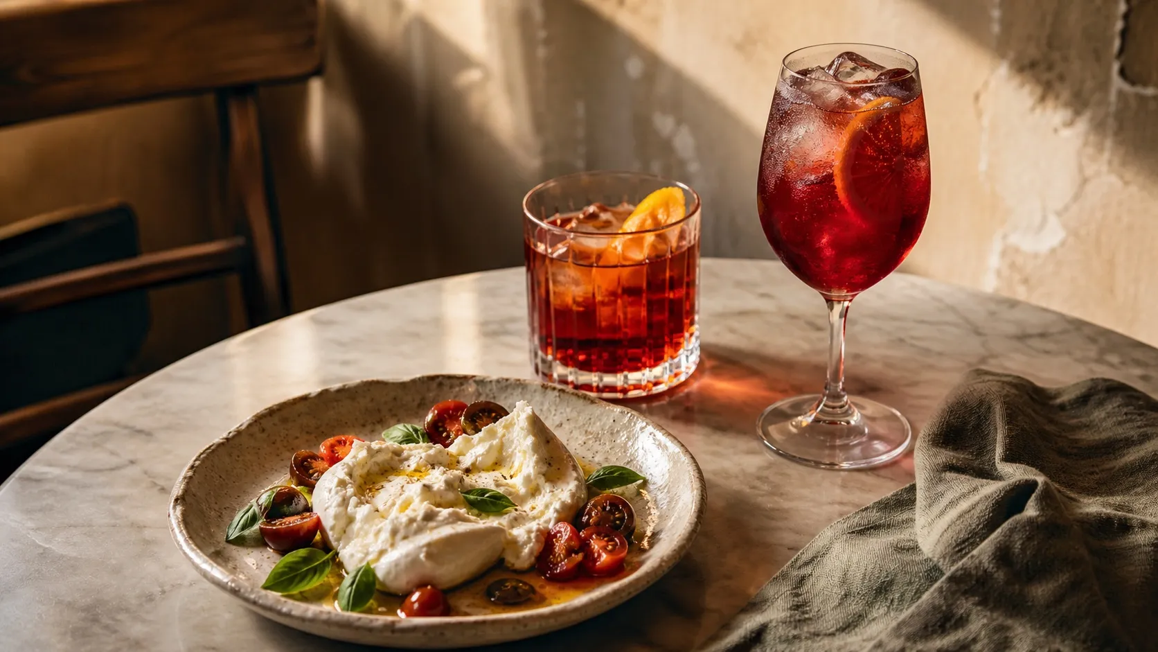 Marble table set with a burrata plate, a negroni and a pomegranate spritz in afternoon light