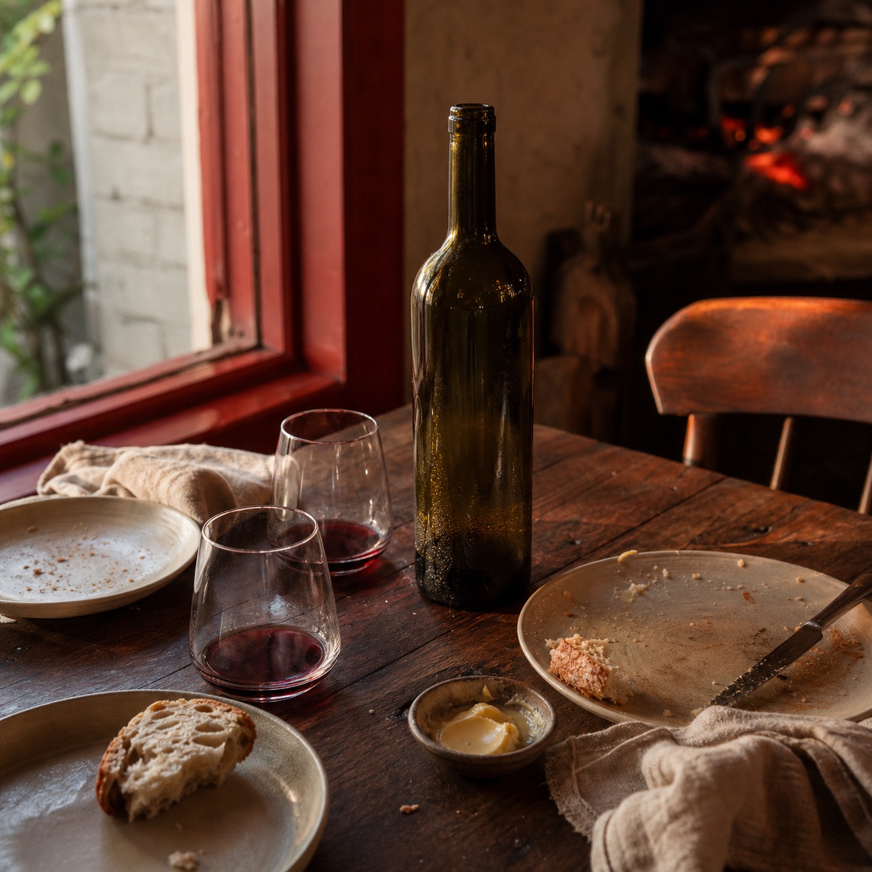 Sunlit lunch table with a half-finished bottle of wine and bread crumbs