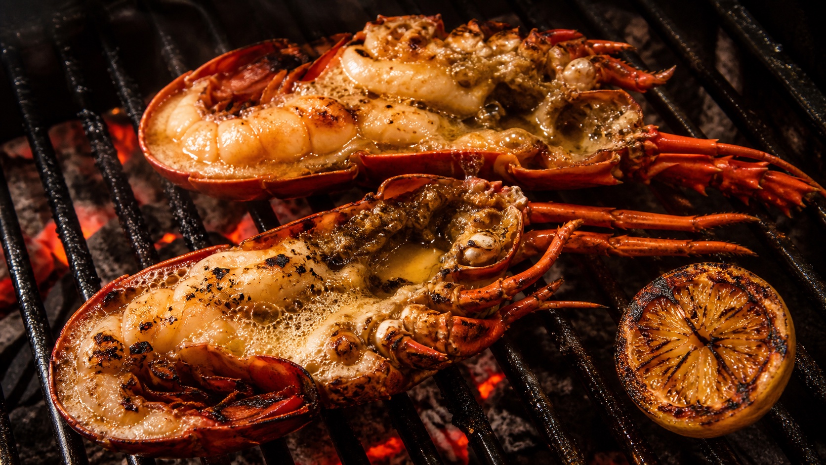 Split marron grilled over coals with burnt butter