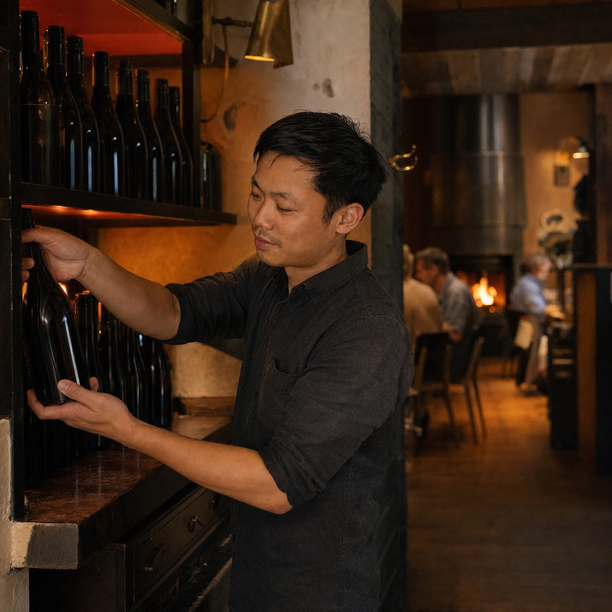 Tom pulling a bottle from the rack behind the bar