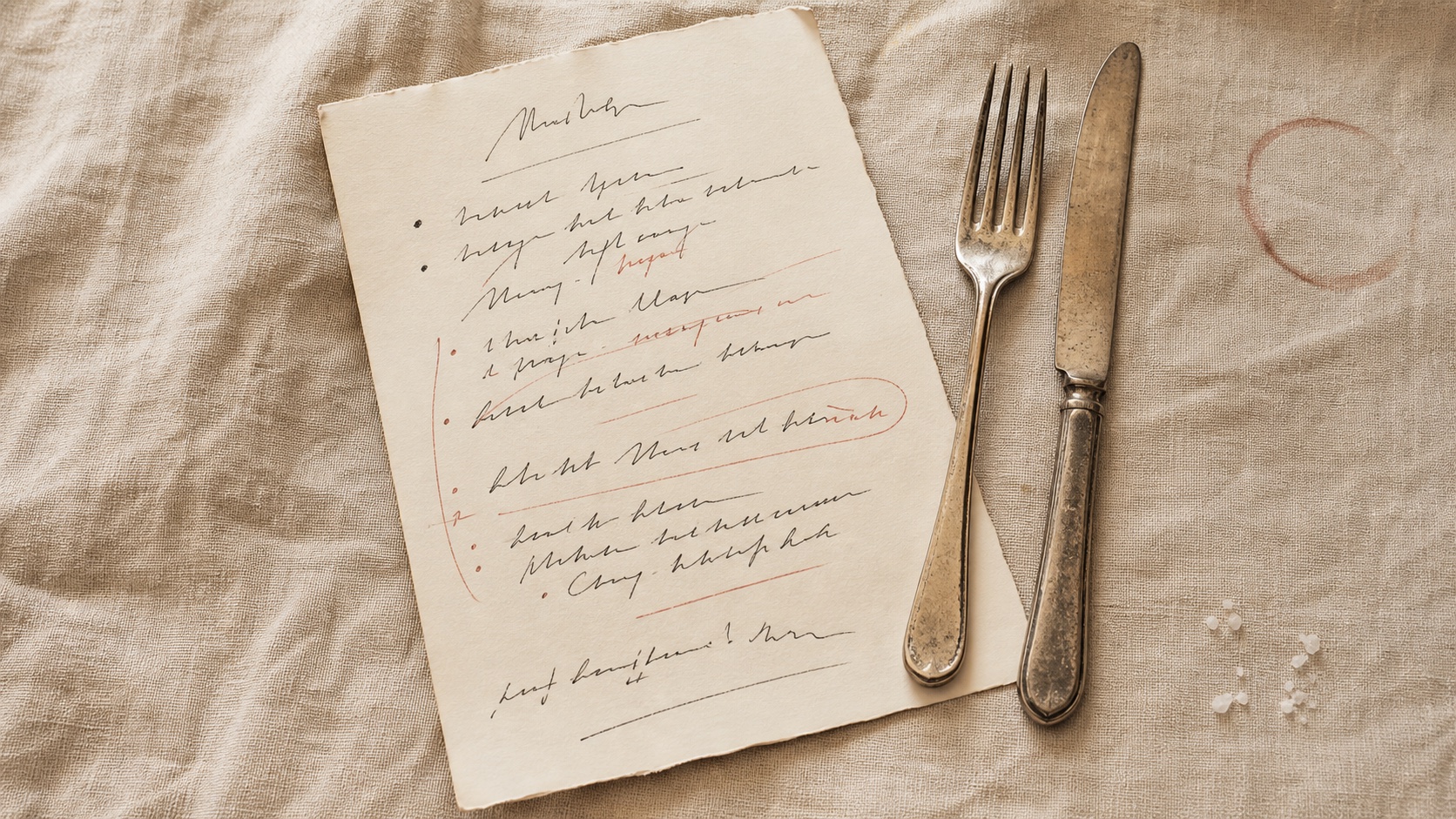 Hand-written weekly menu card resting on a linen tablecloth beside a fork and knife