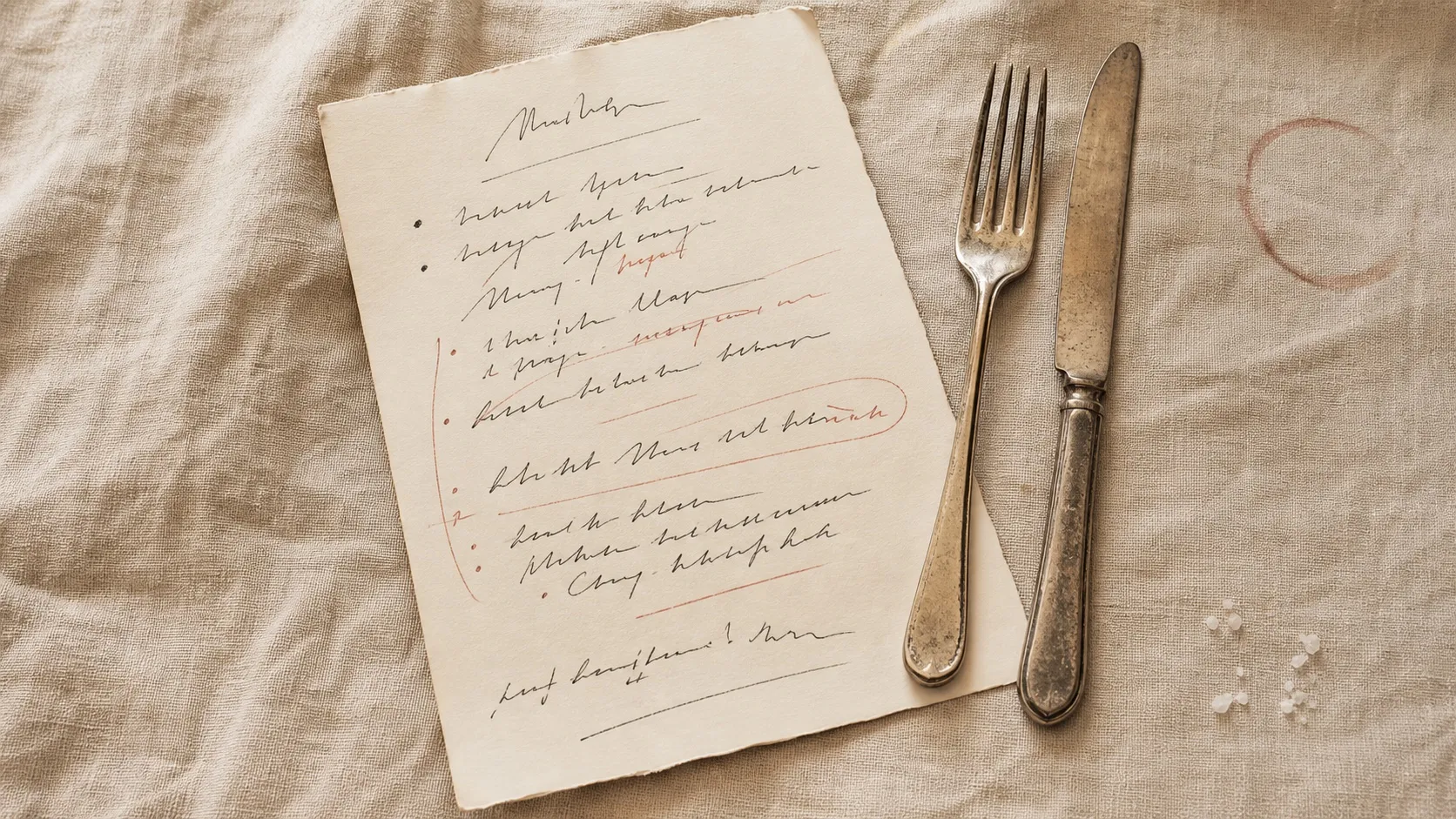 Hand-written weekly menu card resting on a linen tablecloth beside a fork and knife