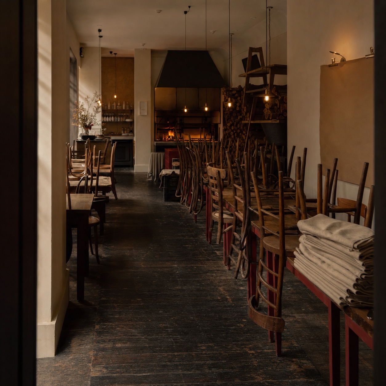 The dining room in the late afternoon before service, chairs still upturned on tables
