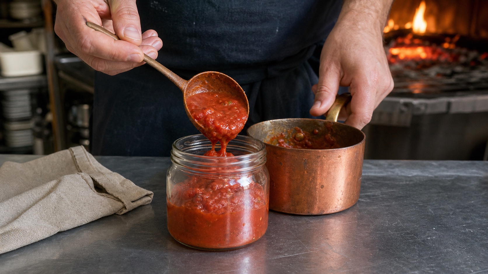 Chef's hands ladling tomato sugo into a glass jar on a steel bench