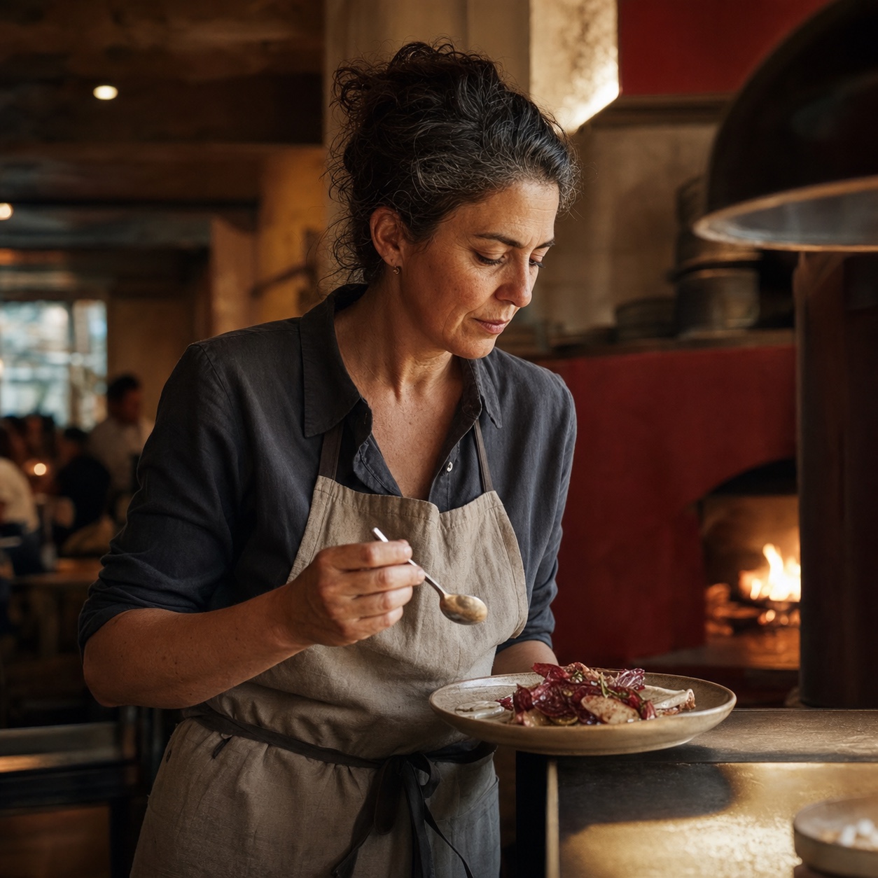 Elena at the pass, sleeves rolled, checking a plate before it goes out