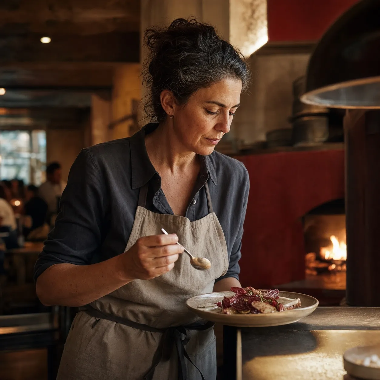 Elena at the pass, sleeves rolled, checking a plate before it goes out