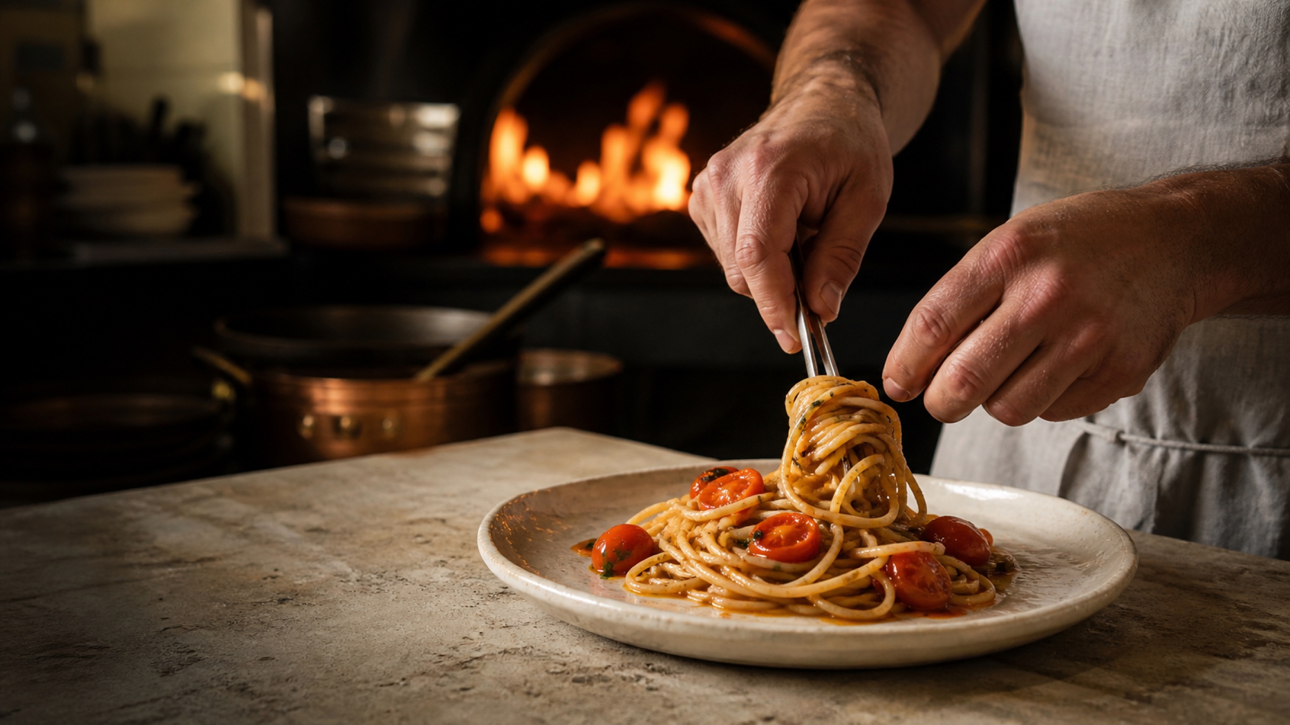 Hands twirling spaghetti with blistered cherry tomatoes on a wide ceramic plate