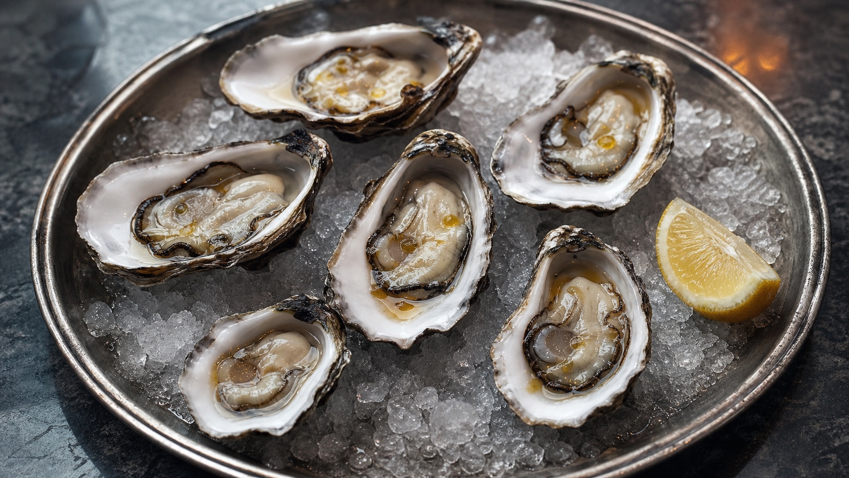 Freshly shucked oysters on crushed ice with a wedge of lemon