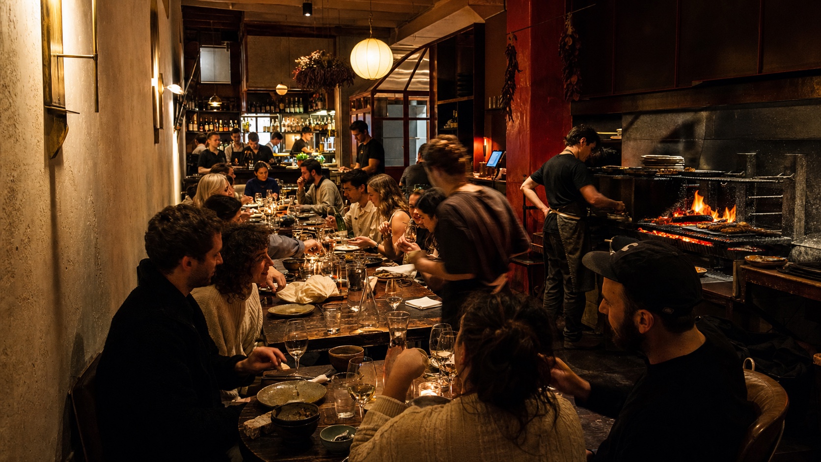 The dining room mid-service, long table beside the open fire