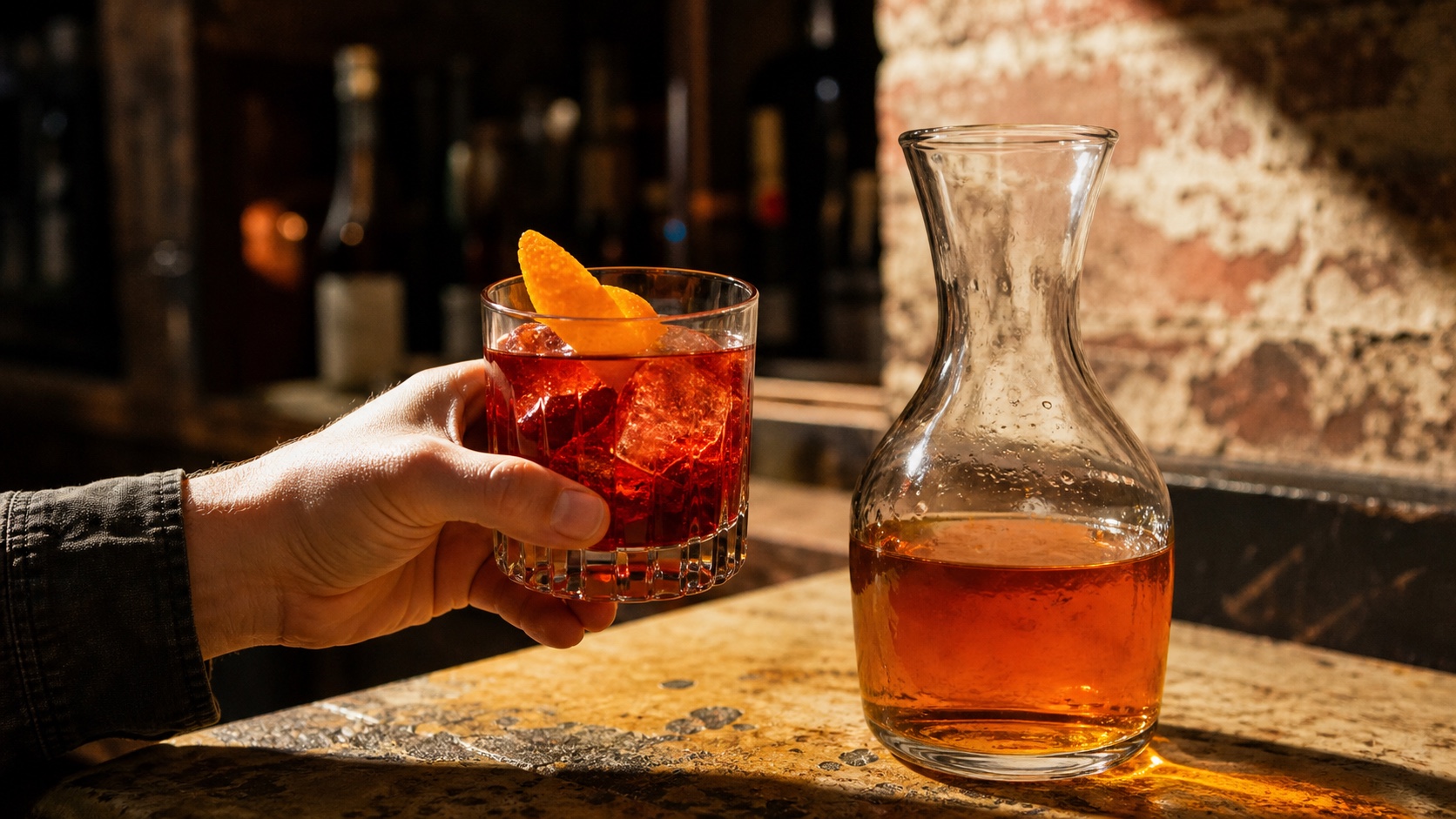 A hand lifting a negroni over a sunlit table beside a carafe of orange wine