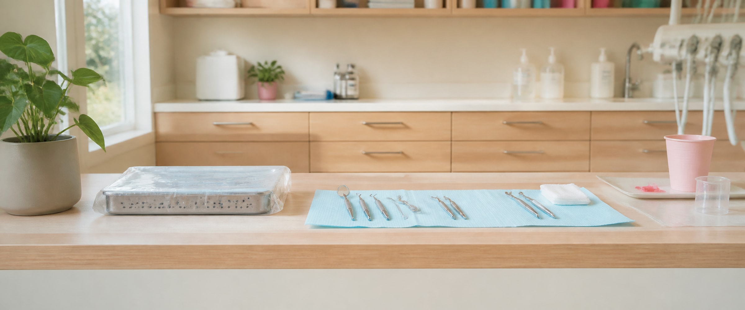 A Fennel treatment room prepared for the next patient, instruments laid out on a pale wood bench