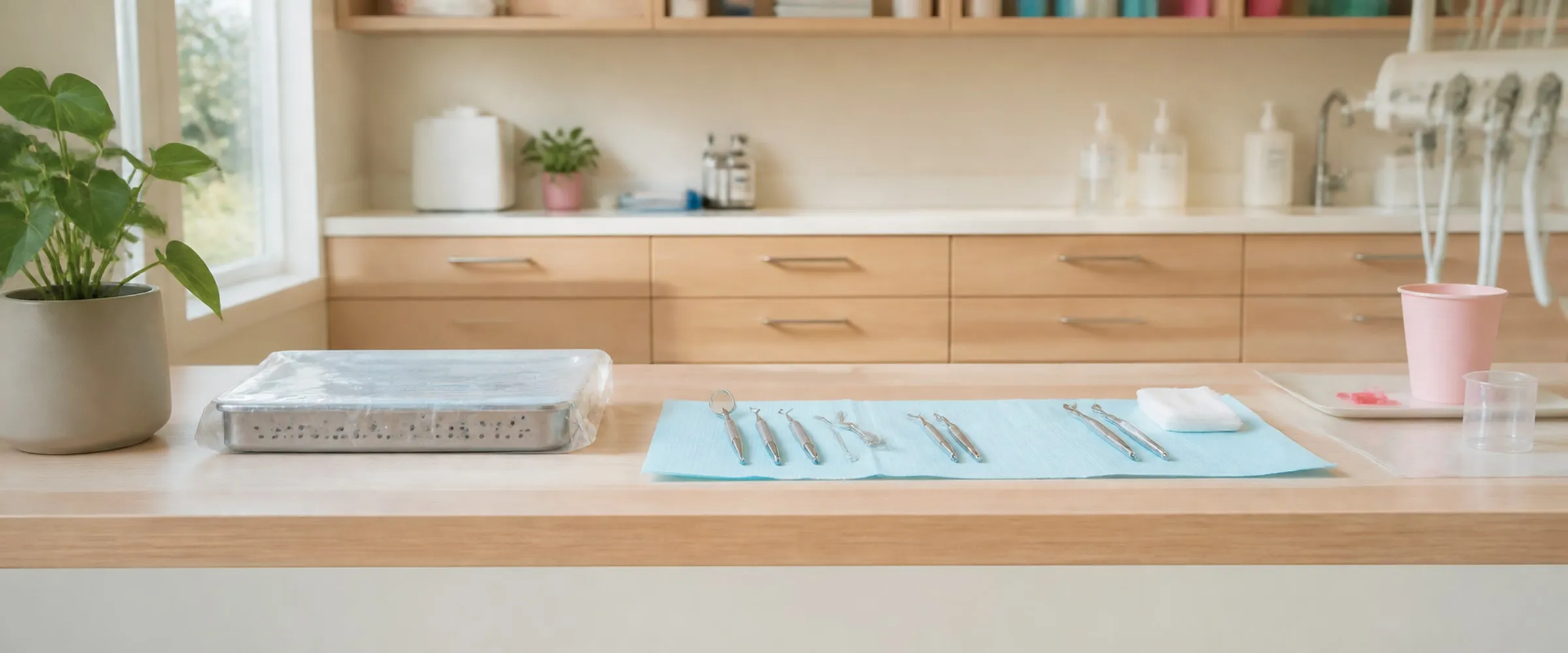 A Fennel treatment room prepared for the next patient, instruments laid out on a pale wood bench