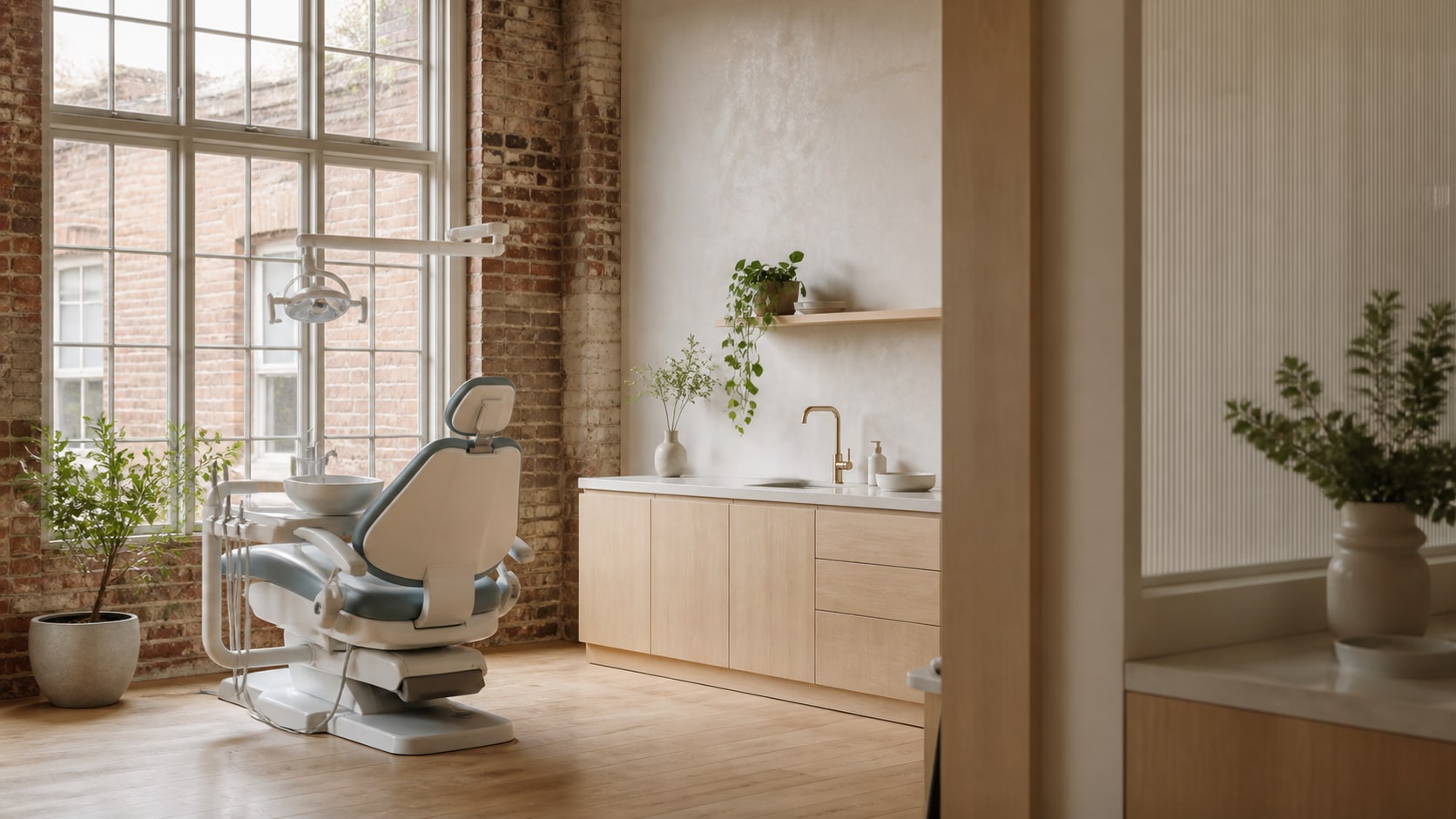 The Fennel Dental treatment room, daylight through tall windows