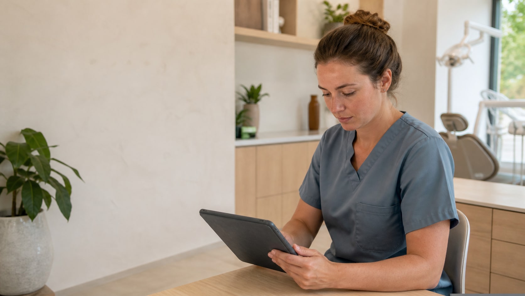 A Fennel dental hygienist reviewing notes at a light wooden desk in the treatment room