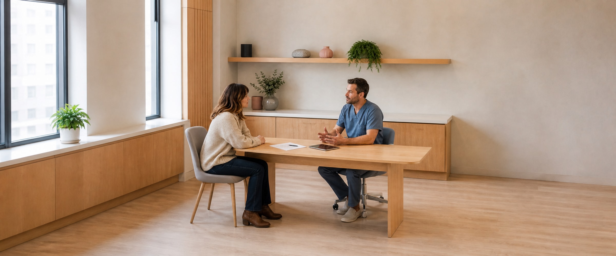 A Fennel dentist and a new patient talking across a desk before any treatment