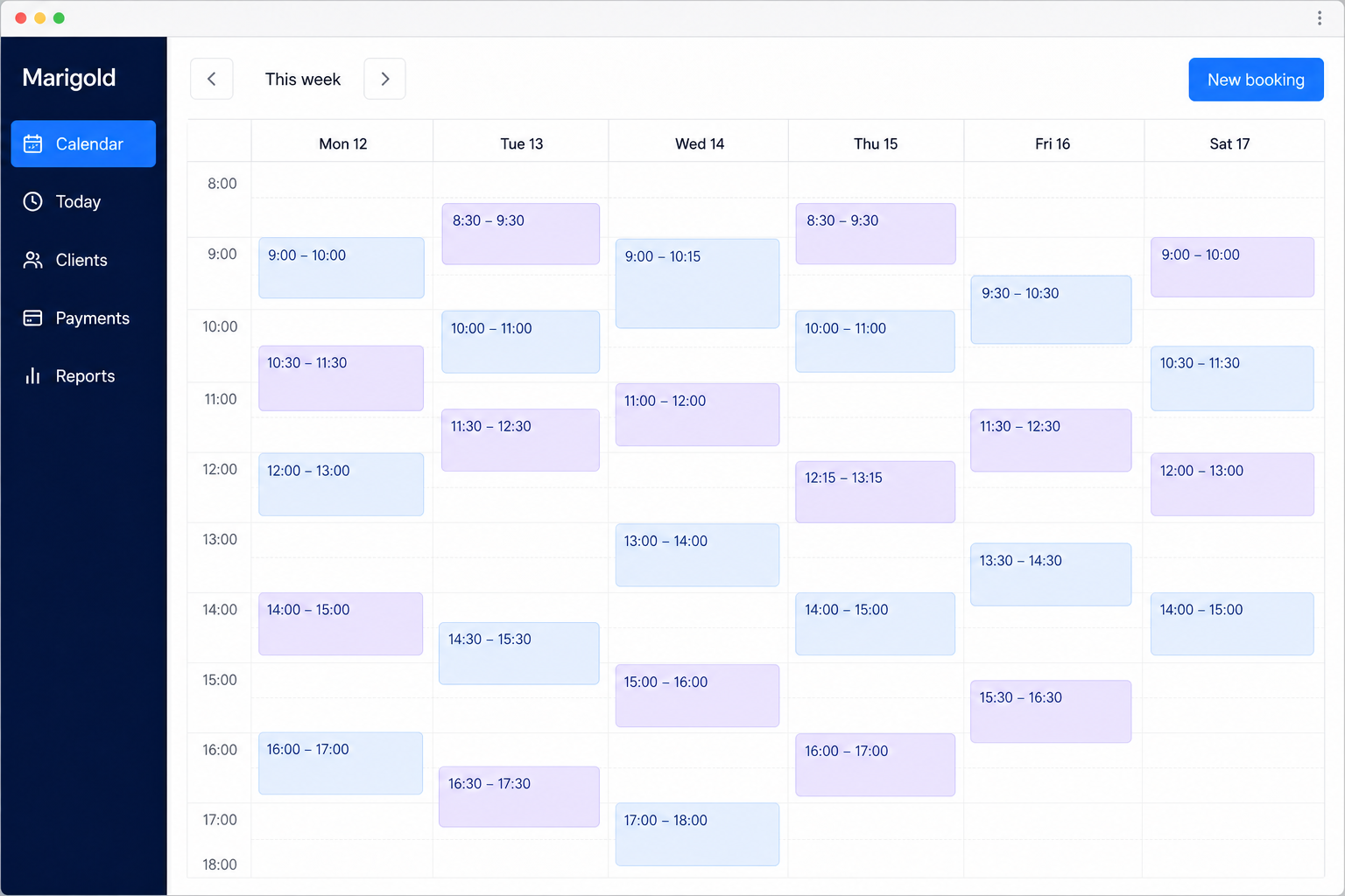 A week of bookings across six days, colour-coded by service
