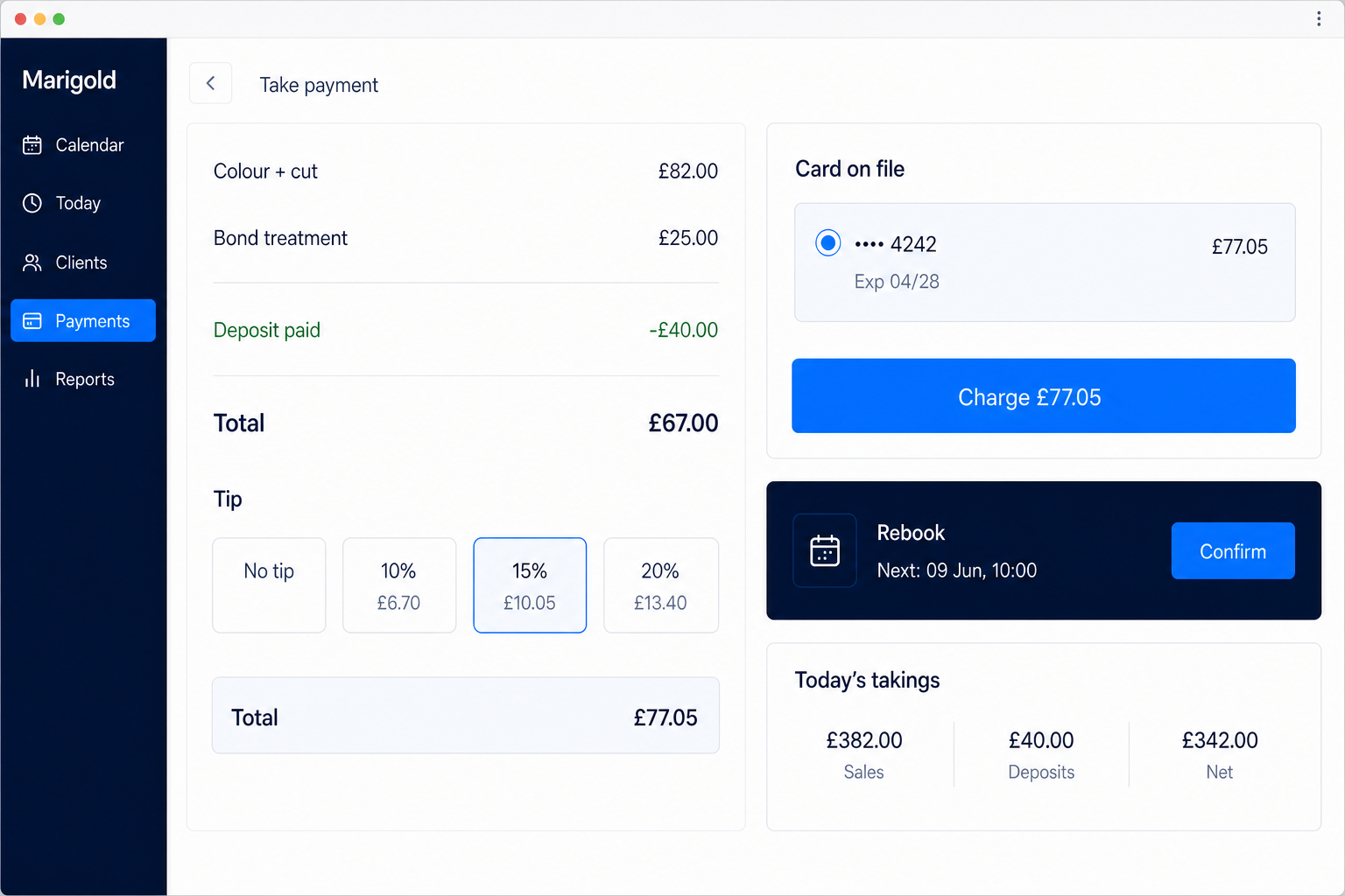 Checkout showing line items, tip selection and the card already on file