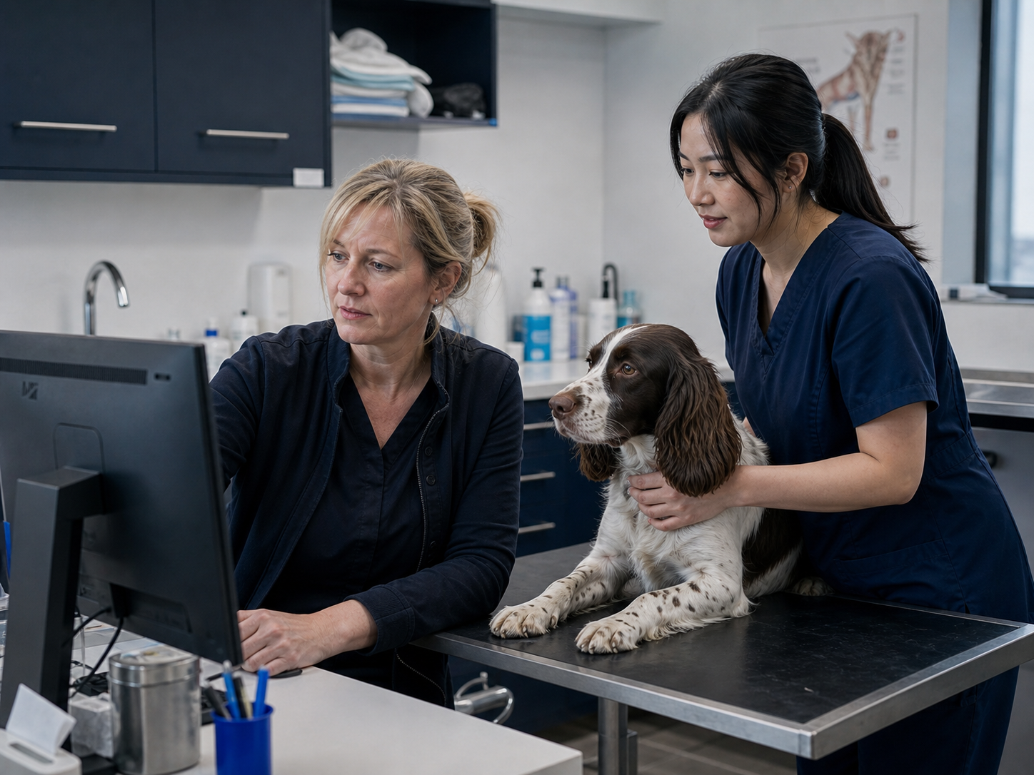Veterinary consulting room at Two Rivers, a nurse reviewing a patient record on screen
