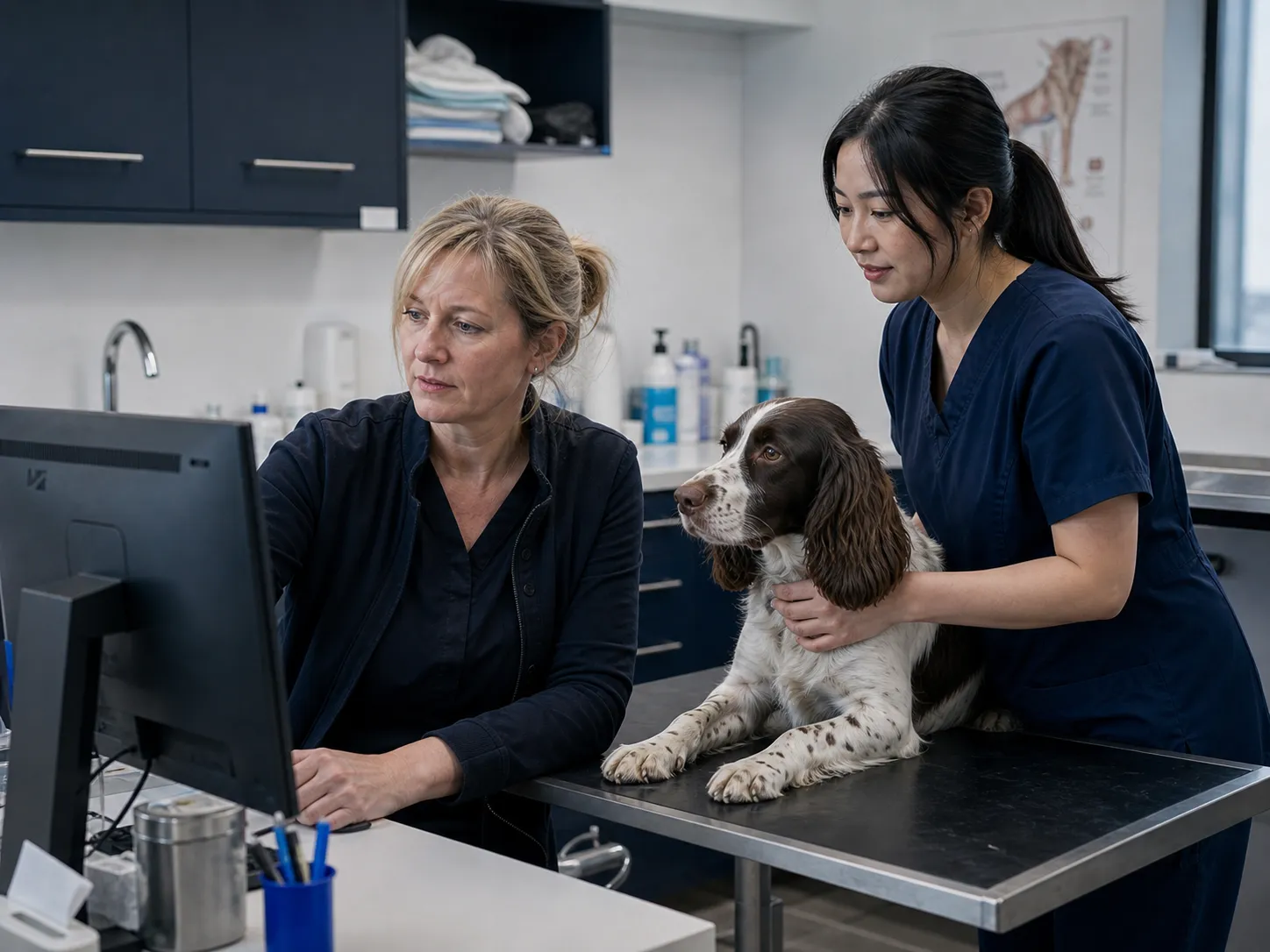 Veterinary consulting room at Two Rivers, a nurse reviewing a patient record on screen