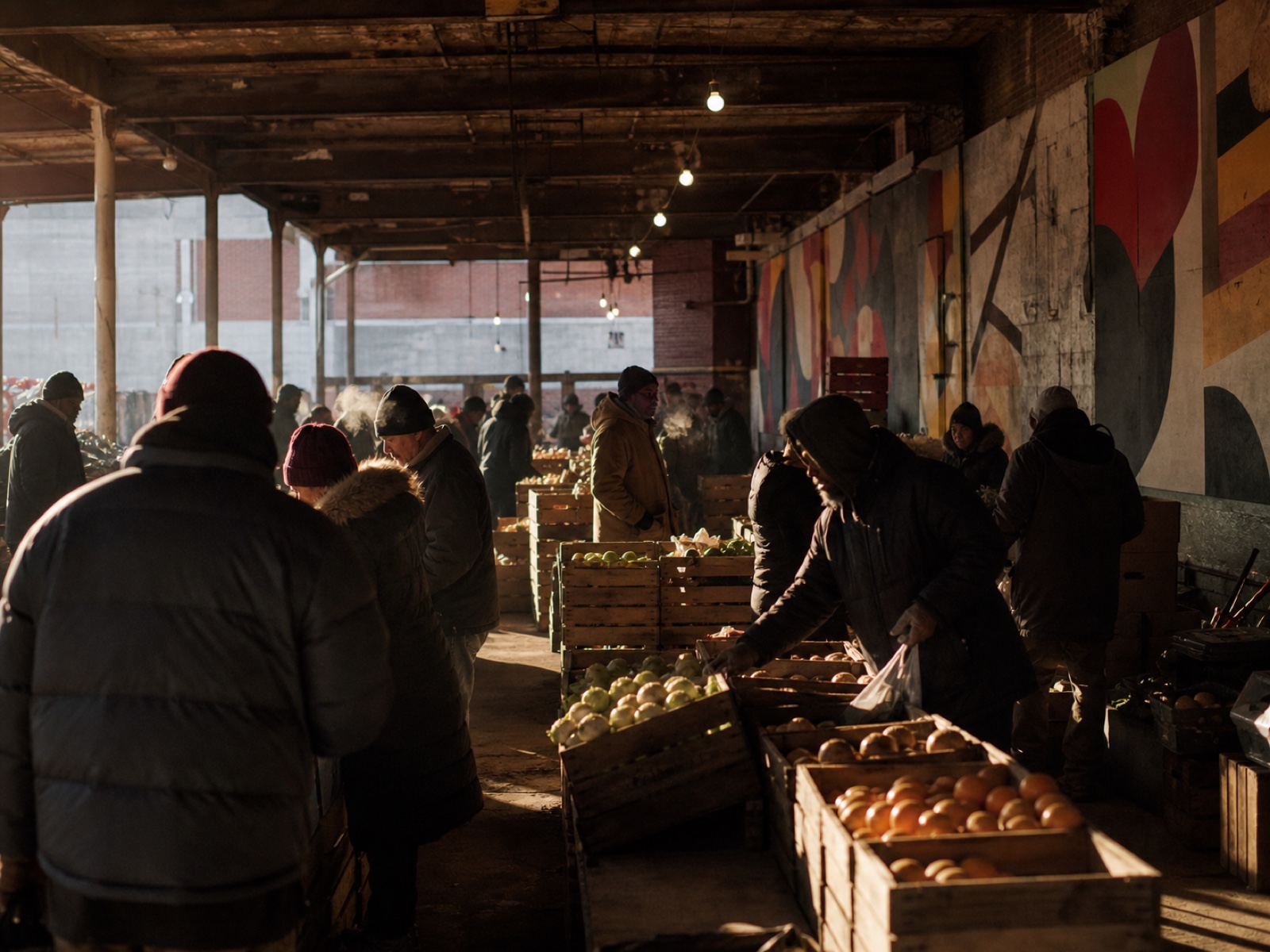 Eastern Market on a Saturday morning: painted mural walls, produce stalls, breath visible in cold light