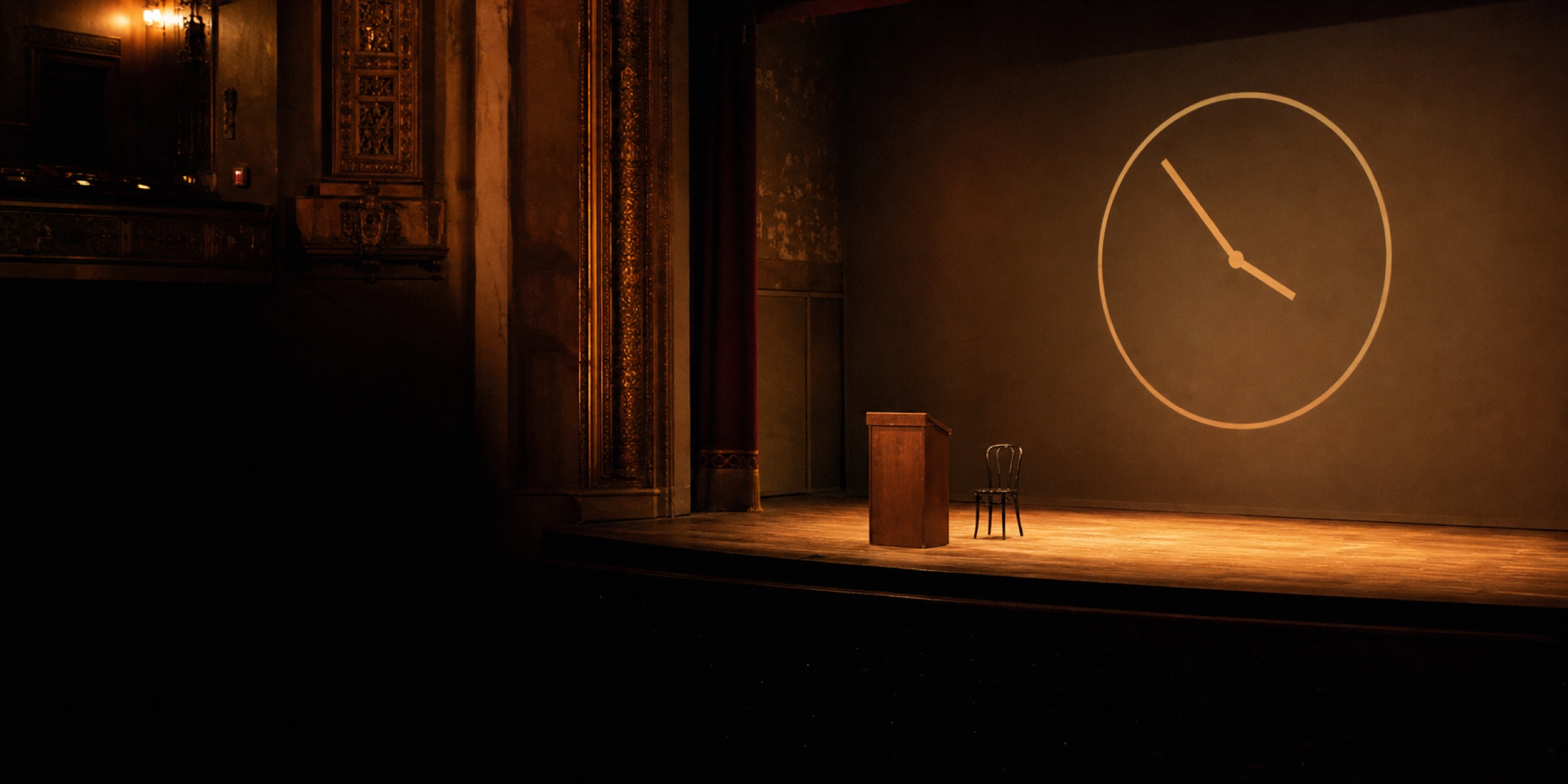 The empty stage before doors: a lectern, a single chair, and a clock projected huge on the back wall, house lights half up