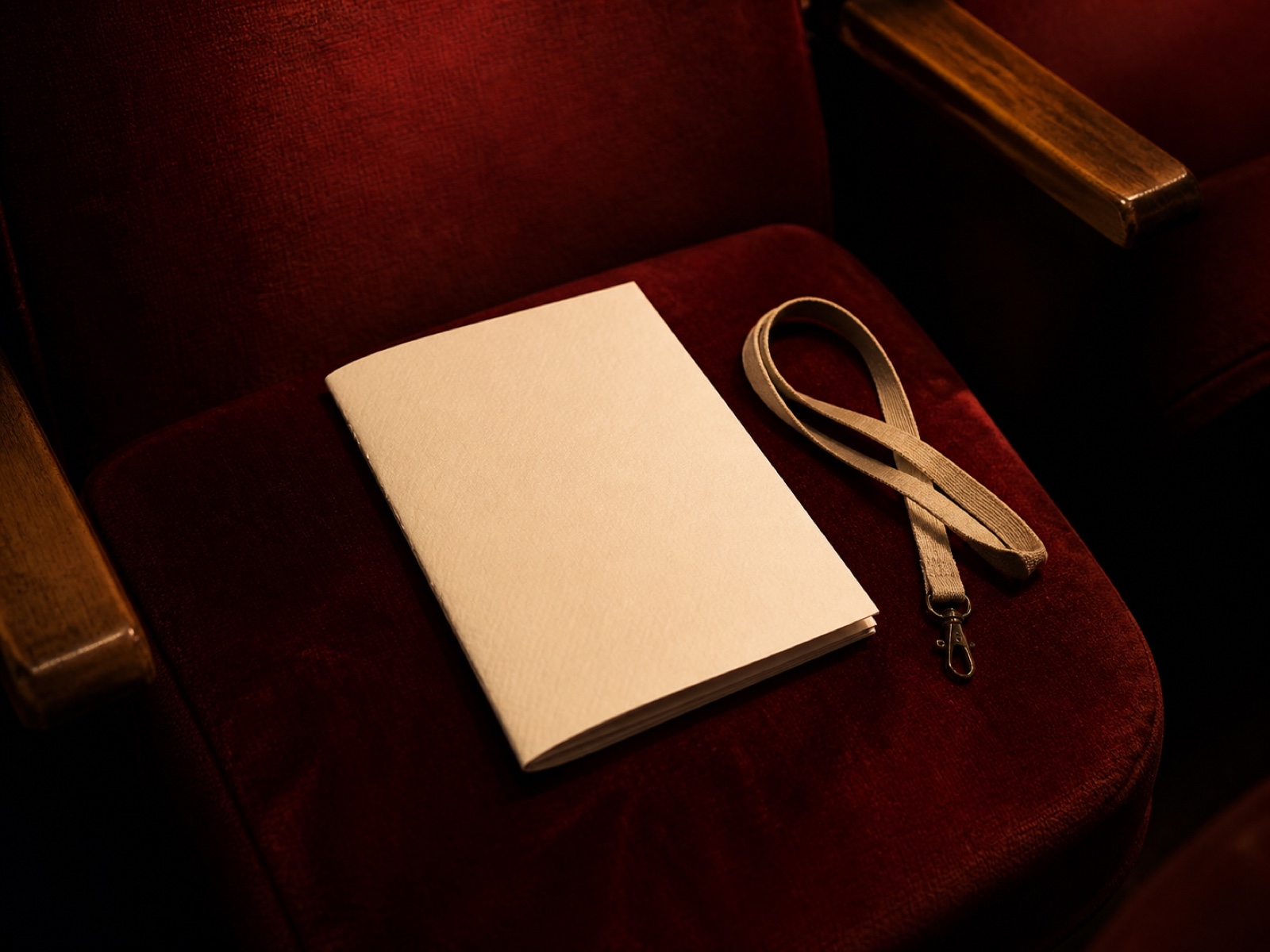Detail shot of a printed programme and a lanyard resting on a red velvet theatre seat