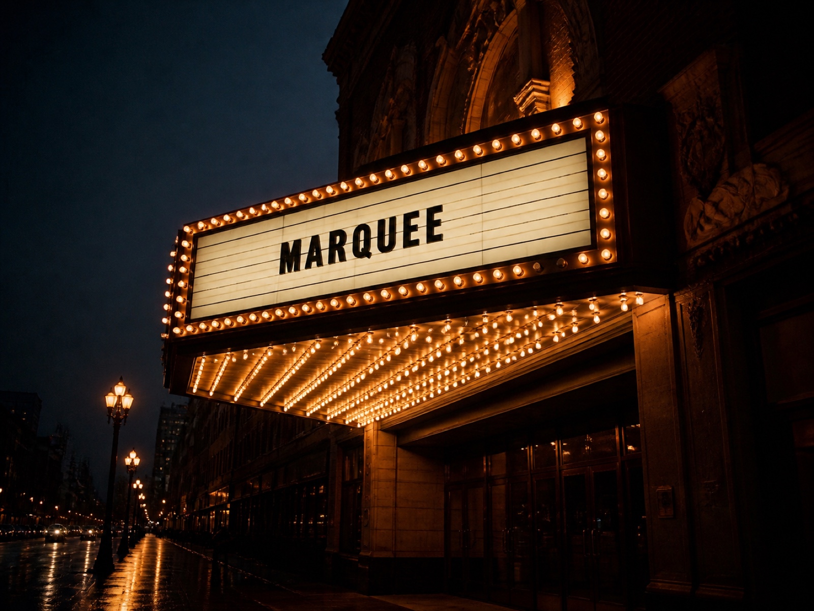 The theatre's exterior marquee sign at dusk, bulbs lit, the conference name spelled out in movable letters