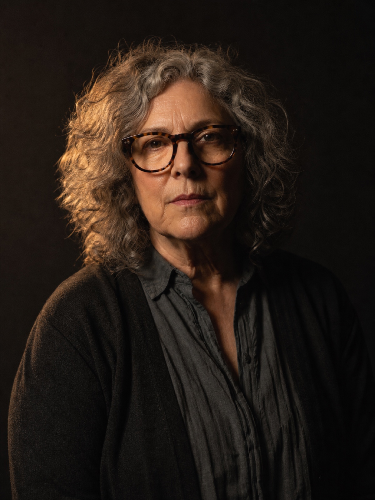 Editorial portrait of a woman in her sixties with grey curls and heavy tortoiseshell glasses, chin resting on one hand, charcoal backdrop